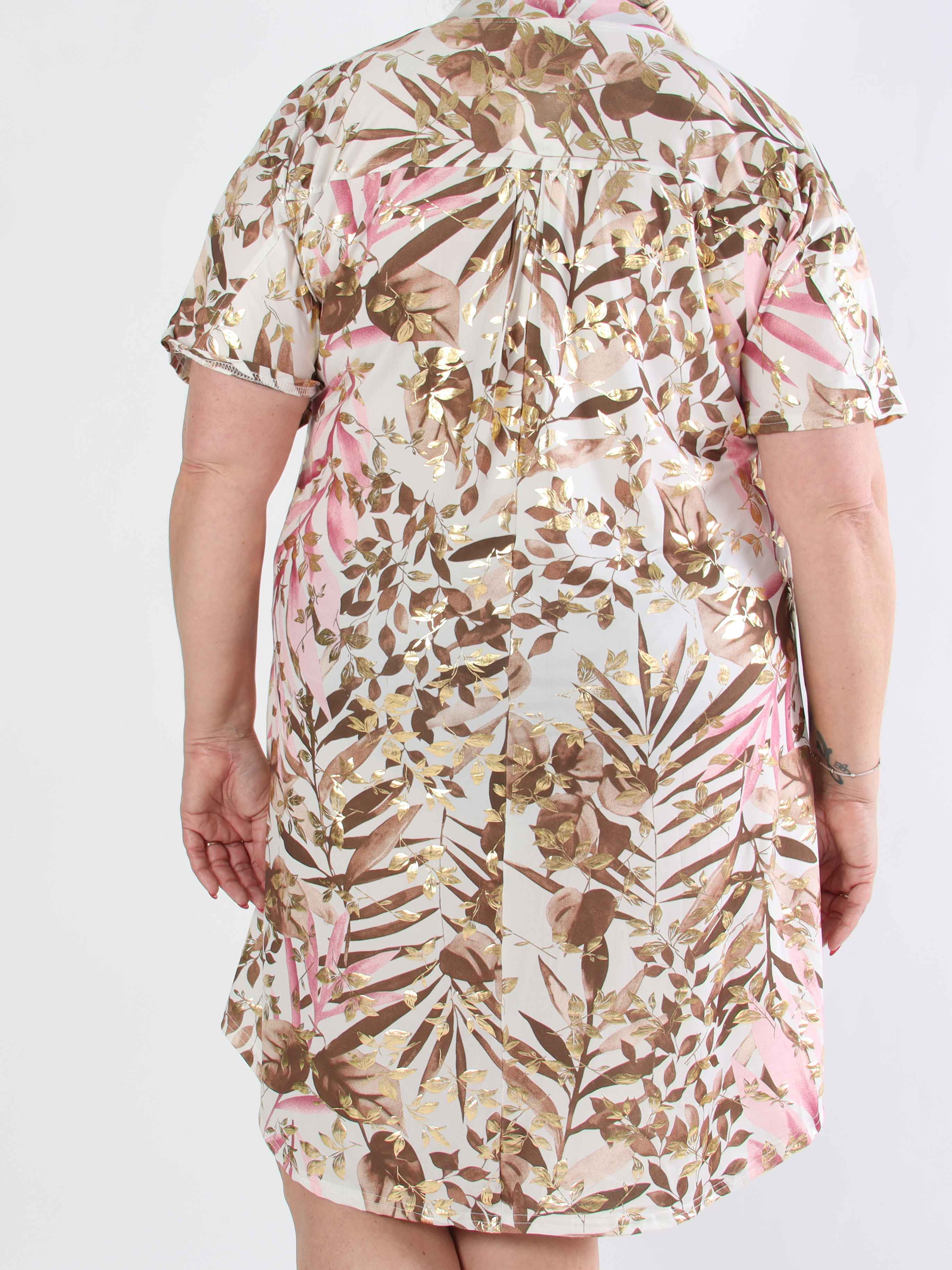 Ebba Gold Leaf Sleeveless - Plus size skjortekjole i elastisk stof med bladprint